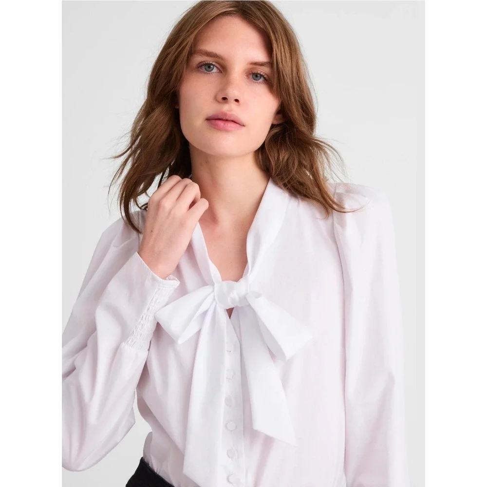Madewell Womens XL White Tie Neck V- Neck‎ Button Front Top Puff Sleeve Blouse
